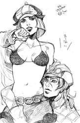 1boy 1boy1girl 1girls bra clothed_male diego_brando female female_focus hot_pants_(jjba) jojo's_bizarre_adventure looking_away male miniskirt mostly_clothed partially_clothed partially_clothed_female sketch steel_ball_run straight topless