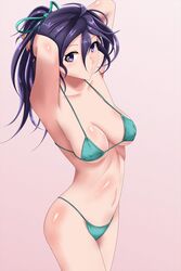 1girls arms_behind_head bikini bikini_bottom female_only fir_(fire_emblem) fire_emblem fire_emblem:_the_binding_blade hair_ribbon joker_(artist) looking_at_viewer medium_breasts nipples_visible_through_clothing pokies purple_hair solo solo_female