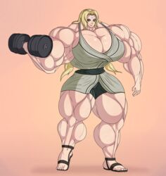 1girls big_muscles electric_flapjack huge_muscles hyper_muscles lifting_weights muscular_female naruto solo solo_female tsunade