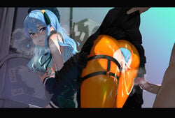 1boy after_sex ass bent_over blue_eyes blue_hair blue_panties breasts breasts_out breath censored cum cum_in_pussy cum_inside cum_string cumdrip female hat hcz_n heavy_breathing highres hololive hololive_gen_0 hololive_japan hoshimachi_suisei letterboxed long_hair mosaic_censoring nail_polish nipples off_shoulder orange_legwear orange_nails panties panties_aside panties_under_pantyhose pantyhose parted_lips penis pussy shirt sleeveless sleeveless_shirt small_breasts solo_focus straight torn_clothes torn_legwear underwear virtual_youtuber