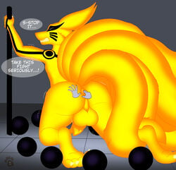 2020 5_toes all_fours ambiguous_gender anal anal_fingering anal_sex animal_genitalia animal_penis anthro anus ass backsack balls big_balls big_butt bodily_fluids butt_grab canid canine canine_penis clenched_teeth closed_eyes dialogue disembodied_hand duo east_asian_mythology english_text exhausted fingering fingering_partner forced fox fur furry furry_only genitals glowing hand_on_butt hi_res holding_object holding_staff kneeling kurama ky_(malamute) male male/ambiguous mammal melee_weapon motion_lines multi_tail mythology naruto nude open_mouth oral orange_body orange_fur orb penetration penis perineum puffy_anus rape sheath simple_background solo_focus solo_male staff sweat tailed_beast teeth text toes weapon yellow_body yellow_fur