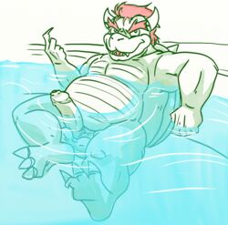 1boy anthro balls bowser digital_media_(artwork) erection foreskin genitals humanoid_genitalia humanoid_penis koopa lavilovi male male_only mario_(series) nintendo nude penis pool_(disambiguation) scalie simple_background slightly_chubby smile solo uncut video_games water