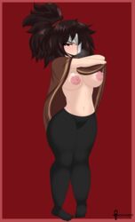 annoyed bandage bandaged_head boobs breasts brown_hair buddy_armstrong clothing curves flustered lifting lifting_shirt lisa_(series) lisa_the_joyful lisa_the_painful mistpirit nipples red_background red_eyes standing tagme tied_hair white_skin