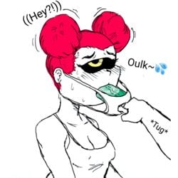 afro_puffs blush choking cyclops deepthroat dildo dildo_mask female green_penis juju_(ttherandom) kojoarts naughtypaw_(artist) one_eye pulling red_hair text ttherandom tthrandom tthrandom_rp tugging