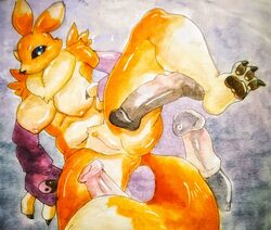 animal_genitalia animal_penis anthro ass blue_eyes breasts digimon digimon_(species) equid equine equine_penis female feral fur genitals horse kouhaku773 male male/female mammal painting_(artwork) paws penis pussy renamon solo traditional_media_(artwork) watercolor_(artwork) wet white_body white_fur yellow_body yellow_fur