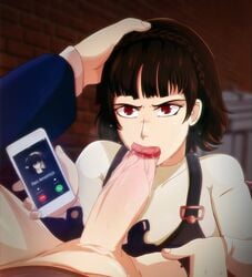 1boy 1girls angel_glitch angry angry_fellatio atlus big_penis blowjob brown_hair cheating clothed_female_nude_male cuckold fellatio head_grab japan just_the_tip light-skinned_female light-skinned_male long_penis makoto_niijima male_pov netorare oral pale-skinned_male persona persona_5 phone pov red_eyes ren_amamiya short_hair unseen_male_face white_penis