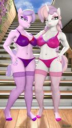 3d bra breasts diamond_tiara_(mlp) duo duo_female eyeshadow females_only fishnets friendship_is_magic grin kevhon lingerie lipstick looking_at_viewer my_little_pony nail_polish panties sky smiling source_filmmaker stairs stockings sweetie_belle_(mlp)