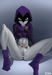 1girls angry anus belly belly_button belt black_eyes boots bottomless captainjingo dc dc_comics female female_only grey_skin hood looking_at_viewer nipple_bulge purple_clothing pussy rachel_roth raven_(dc) shadow shiny_skin simple_background sitting skin_tight smooth_skin solo spread_legs teen_titans torn_clothes