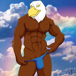 1:1 abs accipitrid accipitriform anthro avian bald_eagle biceps big_muscles biped bird brown_body brown_feathers bulge closed_eyes clothed clothing cloud digital_media_(artwork) eagle fabfelipe feathers hi_res looking_at_viewer male male_only muscular muscular_anthro muscular_male nipples outside panties pecs photo_background pose sea_eagle sky solo standing topless underwear undressing white_body white_feathers