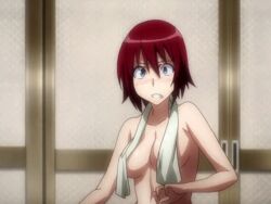 animated bath bathroom blue_eyes blush bouncing_breasts breasts embarrassed large_breasts looking_at_viewer nude rail_wars! red_hair sakurai_aoi screencap tomboy towel towel_around_neck