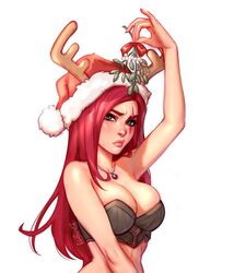 1girls antlers blushypixy blushyspicy breasts color eye_scar female green_eyes katarina_du_couteau league_of_legends light-skinned_female light_skin mistletoe necklace red_hair santa_hat scar scar_on_face simple_background