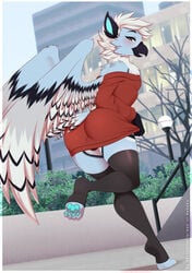 1boy anthro ass avian barely_visible_genitalia beak clothed clothing furry_only genitals girly hi_res legwear male male_only re-sublimity-kun solo thigh_highs thong underwear wings