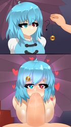 2koma big_breasts blowjob blue_hair breasts clothed confused confusion exhibitionism fellatio heart-shaped_pupils heterochromia hypnosis instant_loss_2koma kogasa_tatara love_heart male_pov mistpirit naked oral outside penis pov public saliva touhou umbrella uncensored