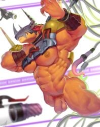 1boy 2019 abs anthro areola armor balls biceps big_balls big_muscles biped bondage bound camera claws collar digimon digimon_(species) digital_media_(artwork) fingers flaccid forced foreskin genitals green_eyes hair handcuffs headgear horned_helmet huge_muscles humanoid humanoid_genitalia humanoid_penis male male_only metal_tentacles muscular muscular_anthro muscular_male nipples orange_balls orange_body orange_skin pecs penis pubes quads raccoon21 red_hair sex_toy shackles solo uncut v-cut wargreymon