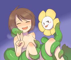 1boy 1boy1girl 1girls after_sex blush blushing cum_in_mouth cum_on_breasts drool_on_breasts drool_on_face female flower flowey_the_flower frisk makishi male nude nude_female peace_sign plant smile smiling teenager tentacle tongue_out undertale vines wholesome wholesome_sex young younger_female