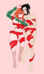 2girls abs chai_ikai christmas commission female female_only laying_down mostly_nude prosthetic_arm ribbons robotic_arm sella_grayne tagme thick_thighs umisaki wrapped_up