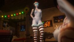 2020 2girls 3d blizzard_entertainment blue_eyes christmas christmas_hat christmas_outfit death_knight demon_hunter dorixx female female_only legwear looking_down night_elf night_elf_demon_hunter original_character smile standing void_elf void_elf_death_knight warcraft winter_veil world_of_warcraft zentaeron