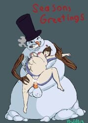 absurd_res anthro awful_lad balls belly big_belly blizzard_entertainment bodily_fluids carrot_nose carrot_penis chubby_female clothing cum duo female genital_fluids genitals hat headgear headwear hi_res human humanoid inflation male mammal mei_(overwatch) nipples overwatch slightly_chubby smoking snow snow_bastard snowman straight thick_thighs top_hat video_games