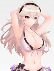 1girls :( alternate_costume armpits arms_behind_head arms_up bare_midriff big_breasts bikini bikini_skirt cleavage corrin_(fire_emblem) corrin_(fire_emblem)_(female) corrin_(summer)_(fire_emblem)_(female) egatyan1410 female female_protagonist fire_emblem fire_emblem_fates fire_emblem_heroes large_breasts long_hair looking_at_viewer midriff nintendo red_eyes simple_background solo solo_female swimsuit white_background white_bikini white_swimsuit