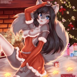 1:1 1girls :3 annvee anthro blue_eyes blush breasts candle canid canine canis christmas christmas_clothing christmas_decorations christmas_present christmas_tree clothed clothing collaboration countershade_face countershade_torso countershading digital_media_(artwork) dress english_text eyelashes female fluffy fluffy_tail footwear fur furry_only genitals gloves grey_body grey_countershading grey_fur grey_hair hair hand_on_head hand_on_leg hand_on_thigh hi_res holidays iris_weston legwear long_hair looking_at_viewer mammal nipples no_underwear off_shoulder open_mouth pink_nipples plant portrait pussy red_clothing red_dress shaded sitting socks solo tekahika thighhighs three-quarter_portrait tree upskirt url white_clothing white_legwear white_thighhighs wolf