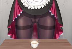 ass_visible_through_thighs black_legwear cracked_wall cup dress drink female genshin_impact highres lifted_by_self lower_body maid noelle_(genshin_impact) pantyhose pee_steam peeing peeing_in_cup peeing_self piss_stain steam table teacup urinating_female urine urine_in_container wet_pantyhose wetting z282g