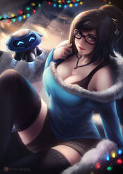 1girls ^_^ axsens big_breasts blizzard_entertainment bra breasts christmas christmas_lights cleavage clothed clothing cute drone glasses looking_at_viewer mei_(overwatch) necklace overwatch shorts snow snowball_(overwatch) solo solo_female solo_focus sweater thick thick_thighs thighhighs wholesome