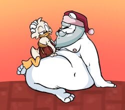 2020 anatid anseriform anthro avian beard belly bird christmas christmas_clothing christmas_headwear closed_eyes clothing disney duck ducktales ducktales_(2017) duo eyewear facial_hair fur gay glasses hat headgear headwear hi_res holidays male male/male male_only mammal moobs nipples overweight overweight_male polar_bear robe salamikii santa_claus santa_hat scrooge_mcduck sitting ursid ursine white_body white_fur yaoi