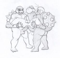 3boys anal anthro anus ass balls double_penetration erection eyewear gay gay_sex genitals group group_sex hi_res koopaling male male/male male_only male_penetrated male_penetrating mario_(series) morton_koopa_jr. mylakovich nintendo penetration penis roy_koopa sex shell spiked_shell spikes spikes_(anatomy) sunglasses threesome traditional_media_(artwork) trio trio_focus video_games yoshi