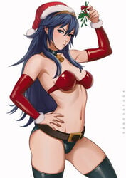 1girls bell bell_collar bikini black_bikini_bottom black_legwear blue_eyes blue_hair breasts christmas christmas_outfit cleavage clothed clothing collar dandon_fuga elbow_gloves fire_emblem fire_emblem_awakening hand_on_hip legwear lingerie long_hair lucina_(fire_emblem) medium_breasts mistletoe navel nintendo red_bikini_top red_elbow_gloves santa_hat thigh_highs toned toned_female underwear