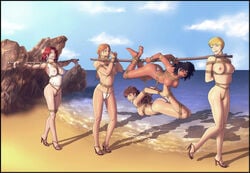 5girls arms_behind_back ass beach belly black_hair blonde_hair bondage breasts brown_hair bubble_butt coffle female femsub harem high_heels large_breasts light_brown_hair multiple_girls multiple_subs naked_footwear naked_heels nude open_toe_shoes original original_characters red_hair reptileye rope sex_slave slave submissive_female suspension tied_up