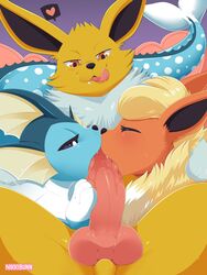 3:4 absurd_res ambiguous_gender animal_genitalia animal_penis big_penis blush bodily_fluids canine_penis closed_eyes collaborative collaborative_fellatio collaborative_sex eeveelution fellatio feral feral_on_feral flareon fur genitals group heart hi_res jolteon knot licking licking_lips looking_at_viewer male male/male male_jolteon multiple_boys narrowed_eyes neck_tuft nikkibunn nintendo nude oral oral_penetration penetration penile penis penis_lick pokemon pokemon_(species) saliva saliva_on_penis sex sweat teeth tongue tongue_out tuft vaporeon video_games