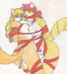 areola ass big_breasts breasts canid canine christmas colored_pencil_(artwork) duo eyewear felid female female/female fox glasses group hair hi_res holidays imjim007 mammal nipples open_mouth pandora's_fox traditional_media_(artwork) youli yuri