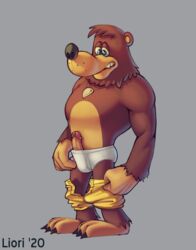 1boy anthro banjo-kazooie banjo_(banjo-kazooie) blue_eyes briefs brown_body brown_fur claws clothed clothing erection fur furry_only grey_background hand_in_underwear jewelry male male_only mammal necklace open_mouth pants_down partially_clothed penis_out_of_underwear rareware redo_(artist) simple_background solo solo_male teeth_showing text tighty_whities underwear undressing ursid video_games white_briefs white_clothing white_underwear year