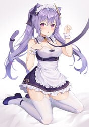 blush cat_tail fully_clothed genshin_impact hokori_sakuni keqing_(genshin_impact) large_breasts leash maid purple_hair pussy_juice stockings tail thighhighs twintails