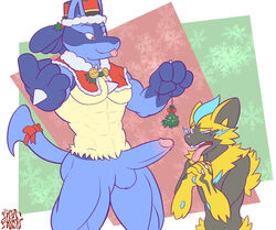 ahegao anthro balls christmas clothing duo erection genitals hat headgear headwear hi_res holidays legendary_pokémon looking_pleasured lucario male male/male mistletoe muscular muscular_male nintendo penis plant pokemon pokemon_(species) ribbons thebarabandit video_games zeraora