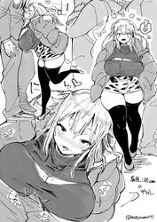 1boy 1boy1girl 1girls achumuchi big_breasts blush braided_hair breast_cutout breasts buldge cleavage curvy female gyaru heart heels huge_breasts male microskirt original shortstack size_difference smaller_female sweater thick_thighs thighhighs wide_hips