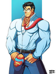 1boy biceps blue_eyes bulge clark_kent clothed dc exposed exposed_penis huge_cock male_only muscular nivyx pecs superman