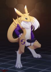 1boy 2020 anthro balls big_balls big_penis blue_eyes clothing digimon digimon_(species) erection fur genitals girly gloves hand_on_hip handwear hi_res male male_anthro male_only male_renamon neothedragon penis renamon smile solo solo_male tapering_penis warden006 white_body white_fur yellow_body yellow_fur