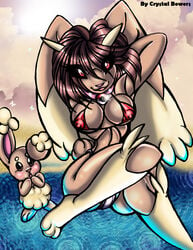 anthro bikini breasts brown_fur buneary closed_eyes clothing crystal-for-ever female female_only fur genitals hair lopunny nintendo nipple_bulge nipples open_mouth open_smile partially_clothed pokémon_(species) pokemon pokemon_(species) pussy smile two_tone_fur