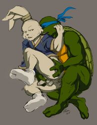 bandana clothed clothing duo genitals grey_background kerchief lagomorph leonardo_(tmnt) leporid male male/male mammal miyamoto_usagi partially_clothed penis rabbit reptile ruran scalie sex simple_background teenage_mutant_ninja_turtles turtle usagi_yojimbo