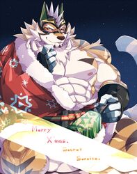 abs anthro ass bottomless censored christmas clawlion clothed clothing clothing_lift felid flirting furry_only hi_res holidays live-a-hero male mammal mask muscular muscular_anthro muscular_male nipples pantherine pecs robe ryekie_(live_a_hero) sky solo star starry_sky superhero tiger