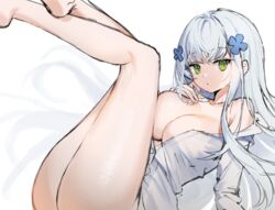 1girls absurdres bare_legs bare_shoulders barefoot blue_flower bottomless breasts crossed_legs female flower girls'_frontline green_eyes hair_flower hair_ornament highres hk416_(girls'_frontline) huge_filesize hyoin large_breasts legs_up long_hair looking_at_viewer naked_shirt open_clothes open_shirt solo unbuttoned unbuttoned_shirt white_hair white_shirt