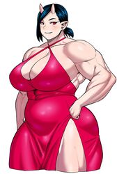 1girls bbw belly big_breasts black_hair breasts cleavage_cutout curvy dress earrings elegant elegant_dress elf-san_wa_yaserarenai female female_only highres horns huge_breasts humanoid light_blush looking_at_viewer mature muscles muscular muscular_female oga oni oni_horns pale-skinned_female pale_skin plump pointy_ears red_eyes short_hair slit_pupils solo solo_female strongfat synecdoche thick_thighs tied_hair venus_body voluptuous white_background wide_hips