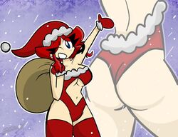 ass bag cinder_(cookiestar456) cookiestar456 leggings red_hair santa_costume santa_hat smile underboob