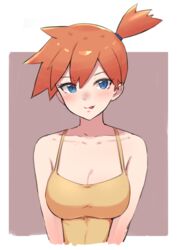 :p asymmetrical_hair bangs blue_eyes blush breasts camisole clavicle cleavage clothed clothing eyelashes female hair_tie kasumi_(pokemon) looking_at_viewer medium_breasts misty_(pokemon) nintendo ocagemono orange_hair pokemon pokemon_rgby ponytail short_hair side_ponytail smile solo tied_hair tongue tongue_out two-tone_background upper_body yellow_camisole