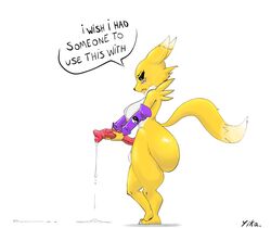 anthro aroused ass big_breasts big_butt big_penis blush bodily_fluids breasts canid clothing cum digimon digimon_(species) ejaculation english_text fur futanari genital_fluids genitals gynomorph handwear hi_res intersex mammal penis renamon solo text vein veiny_penis yikarichi