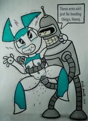 1boy 1girls bender_bending_rodriguez bigricksmith breasts female fingering futurama jenny_wakeman my_life_as_a_teenage_robot robot robot_girl smooth_skin xj-9