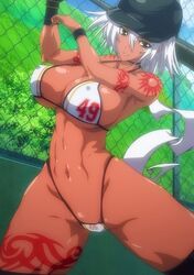 baseball_bat baseball_helmet big_breasts bikini dark-skinned_female g-string hentai official_art pink_pineapple ponytail screencap screenshot seven_(animation_studio) silver_hair suketto_sanjou!! suketto_sanjou!!_the_animation tan_skin tattoos wendy_crawford