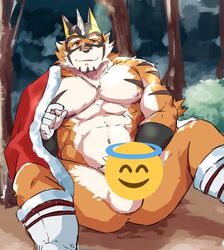 abs anthro anus ass balls censored emoji emoji_censor felid forest furry_only genitals kuroninjin22 live-a-hero male mammal mask muscular muscular_anthro muscular_male navel nipples outside pantherine pecs plant pubes ryekie_(live_a_hero) sitting solo superhero tiger tree