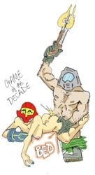 1boy 1girls arm_cannon armor boots crossover doom doom_slayer_(doom) double-barreled_shotgun eastern_and_western_character female firearm gloves helmet helmet_with_visor male metroid naked nintendo pants_down samus_aran sex shotgun sketch super_shotgun varia_suit_helmet weapon white_background